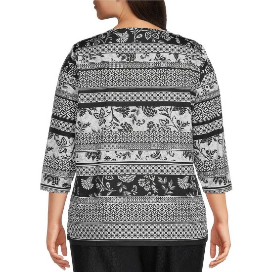 Buy 🤩 Allison Daley Plus Size Boho Geo Stripe Print 3/4 Sleeve Round Cut-Out Neck Knit Top ✨ 4 Buy 🤩 Allison Daley Plus Size Boho Geo Stripe Print 3/4 Sleeve Round Cut-Out Neck Knit Top ✨ - Image 2