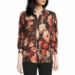 Wholesale 🔔 Allison Daley Floral Print 3/4 Ruffle Sleeve Split V-Neck Button Front Top Autumn Arrangement 👍