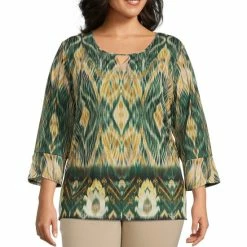 Budget ⌛ Allison Daley Plus Size Printed 3/4 Flare Sleeve Keyhole Jewel Neck Knit Top Nostalgic Ikat Border 🔔