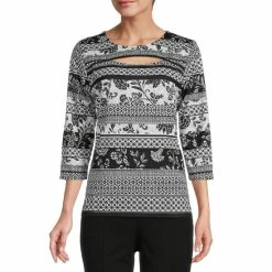 Promo 👏 Allison Daley Petite Size Boho Geo Stripe Print 3/4 Sleeve Cut-Out Crew Neck Knit Top 🌟