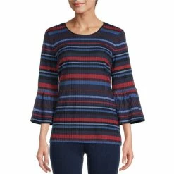 Budget 😀 Allison Daley Striped Crew Neck 3/4 Bell Sleeve Ribbed Knit Top Heather Stripe 😍