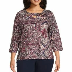 Budget 🌟 Allison Daley Plus Size 3/4 Sleeve Cross-Over Neck Knit Top Windsor Patch 🛒