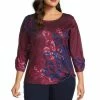 Budget 🛒 Allison Daley Plus Size Scroll Print 3/4 Sleeve Round Neck Knot Hem Knit Top Windsor Scroll 🎉 -Allison Daley shop unnamed file 1032