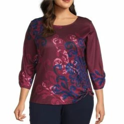 Budget 🛒 Allison Daley Plus Size Scroll Print 3/4 Sleeve Round Neck Knot Hem Knit Top Windsor Scroll 🎉