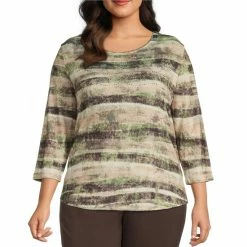 Flash Sale 😍 Allison Daley Plus Size Embellished Stripe Print Hacci 3/4 Sleeve Crew Neck Knit Top Espresso Stripe 😍