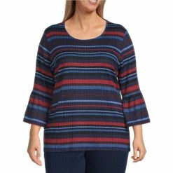 Top 10 β¨ Allison Daley Plus Size Striped Round Neck 3/4 Bell Sleeve Ribbed Knit Top Heather Stripe π₯