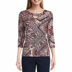 Promo π Allison Daley Petite Size 3/4 Sleeve Cross-Over Neck Knit Top Windsor Patchwork π₯