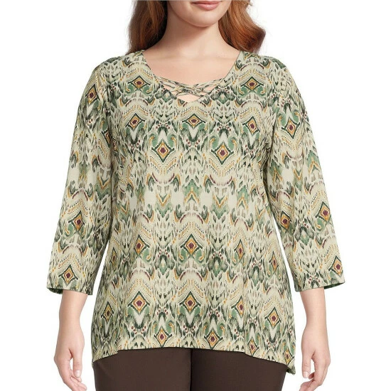 New โ๏ธ Allison Daley Plus Size 3/4 Sleeve Crisscross V-Neck Knit Top Indo Ikat ๐ฅฐ