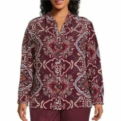 Best Sale π― Allison Daley Plus Size Ruffle Sleeve Split V-Neck Button Front Top Windsor Floral Border βοΈ