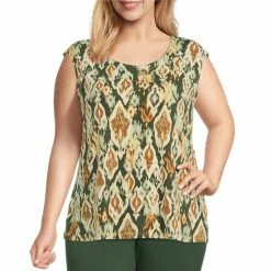 Flash Sale π Allison Daley Plus Size Ikat Print Scoop Neck Sleeveless Knit Top Feathered Ikat π