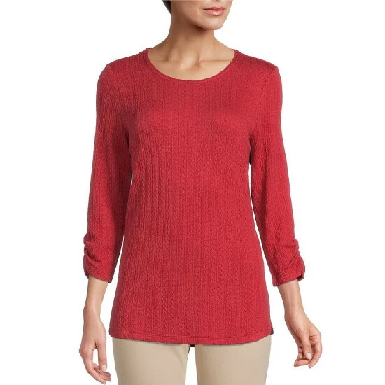 Cheapest π Allison Daley Petite Size Ruched 3/4 Sleeve Round Neck Flat Cable Knit Top Riverside βοΈ