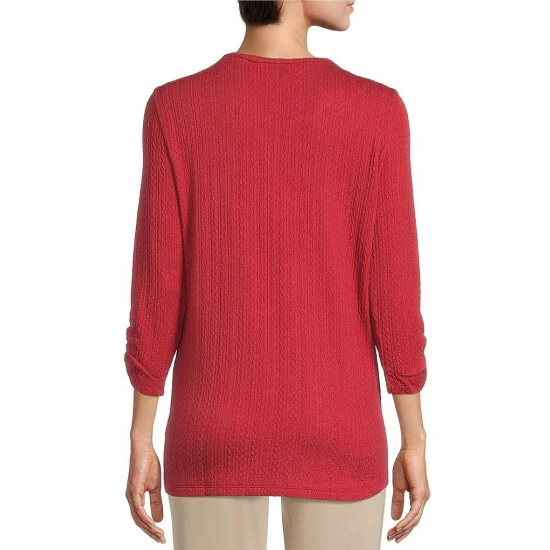 Cheapest π Allison Daley Petite Size Ruched 3/4 Sleeve Round Neck Flat Cable Knit Top Riverside βοΈ - Image 2