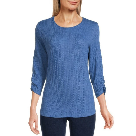 Cheapest π Allison Daley Petite Size Ruched 3/4 Sleeve Round Neck Flat Cable Knit Top Riverside βοΈ - Image 4