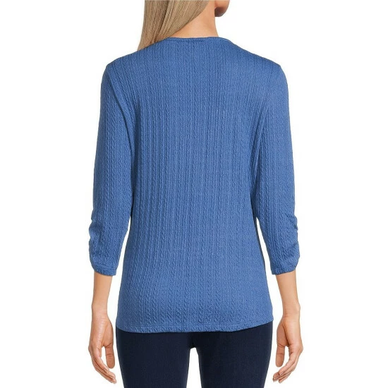 Cheapest π Allison Daley Petite Size Ruched 3/4 Sleeve Round Neck Flat Cable Knit Top Riverside βοΈ - Image 5