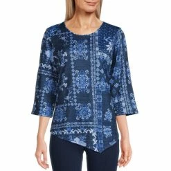 Best reviews of π Allison Daley Petite Size Crew Neck 3/4 Sleeve Asymmetric Hem Knit Top Patchwork Scarf π