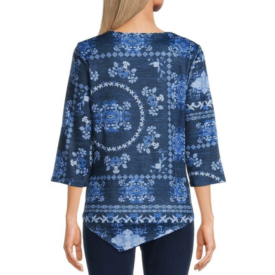Best reviews of π Allison Daley Petite Size Crew Neck 3/4 Sleeve Asymmetric Hem Knit Top Patchwork Scarf π - Image 2