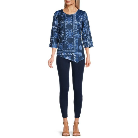 Best reviews of π Allison Daley Petite Size Crew Neck 3/4 Sleeve Asymmetric Hem Knit Top Patchwork Scarf π - Image 3