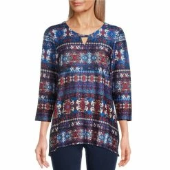 Top 10 π Allison Daley Petite Size Printed Keyhole Round Neck 3/4 Sleeve Sharkbite Hem Knit Top Indigo Bayadere π