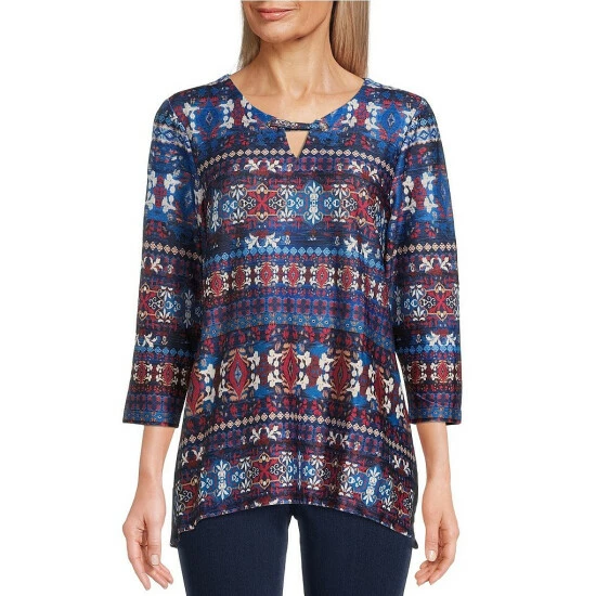 Top 10 🛒 Allison Daley Petite Size Printed Keyhole Round Neck 3/4 Sleeve Sharkbite Hem Knit Top Indigo Bayadere 😀 3 Top 10 🛒 Allison Daley Petite Size Printed Keyhole Round Neck 3/4 Sleeve Sharkbite Hem Knit Top Indigo Bayadere 😀