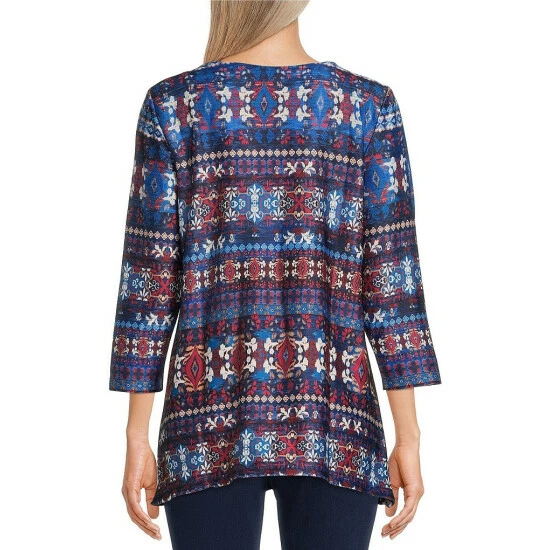 Top 10 🛒 Allison Daley Petite Size Printed Keyhole Round Neck 3/4 Sleeve Sharkbite Hem Knit Top Indigo Bayadere 😀 4 Top 10 🛒 Allison Daley Petite Size Printed Keyhole Round Neck 3/4 Sleeve Sharkbite Hem Knit Top Indigo Bayadere 😀 - Image 2