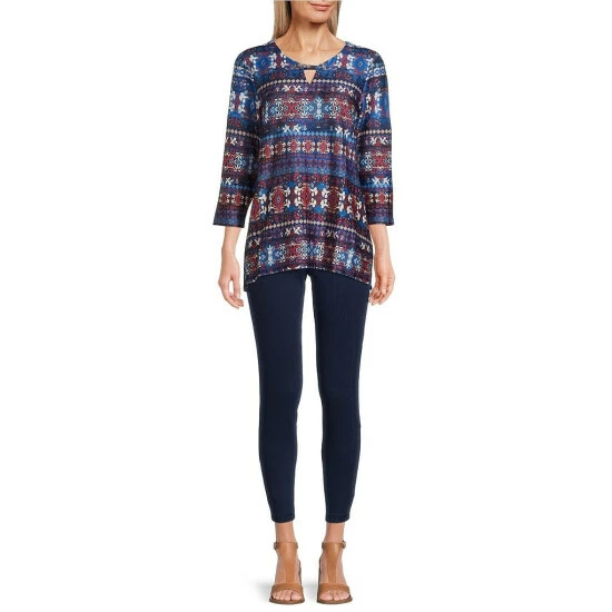 Top 10 🛒 Allison Daley Petite Size Printed Keyhole Round Neck 3/4 Sleeve Sharkbite Hem Knit Top Indigo Bayadere 😀 5 Top 10 🛒 Allison Daley Petite Size Printed Keyhole Round Neck 3/4 Sleeve Sharkbite Hem Knit Top Indigo Bayadere 😀 - Image 3
