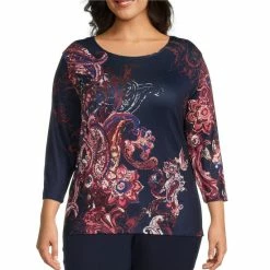 Buy 🎁 Allison Daley Plus Size Paisley Print 3/4 Sleeve Round Neck Knit Top Windsor Ethereal Paisley 🎉