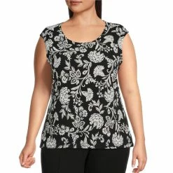 Flash Sale βοΈ Allison Daley Plus Size Boho Floral Print Crew Neck Cap Sleeve Knit Top π