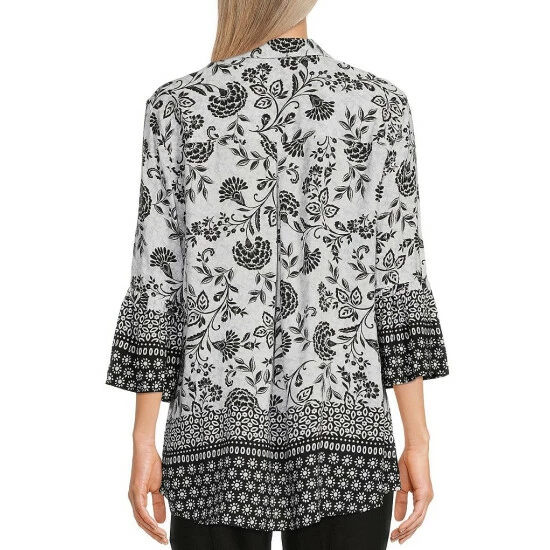 Promo 𧨠Allison Daley Petite Size Floral Print Point Collar 3/4 Bell Sleeve Button Front Top Floral Border π - Image 2
