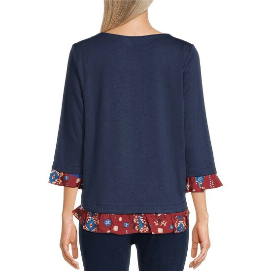 Best Sale π Allison Daley Petite Size Round Neck 3/4 Sleeve Button Detail Ruffle Tiered Twofer Printed Top Indigo π - Image 2