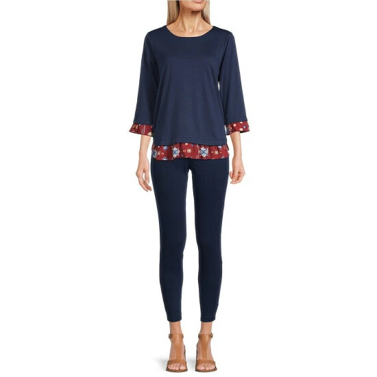 Best Sale π Allison Daley Petite Size Round Neck 3/4 Sleeve Button Detail Ruffle Tiered Twofer Printed Top Indigo π - Image 3