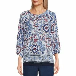 Deals β Allison Daley Petite Size Nautical Print Round Neck 3/4 Sleeve Button Front Top Sailing Border π