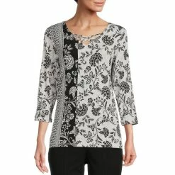 Cheapest ❤️ Allison Daley Petite Size Floral Color Block Print Crisscross V-Neck 3/4 Sleeve Sharkbite Hem Knit Top Vertical Floral Border 🛒