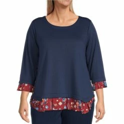 New β¨ Allison Daley Plus Size Round Neck 3/4 Sleeve Button Detail Ruffle Tiered Twofer Printed Top Indigo π