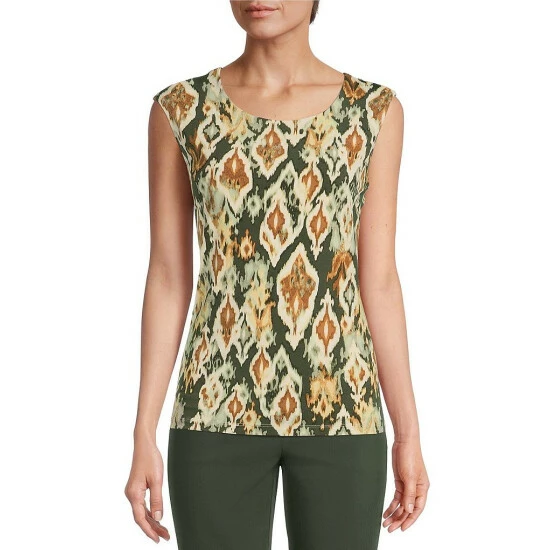 Discount β Allison Daley Ikat Print Scoop Neck Sleeveless Knit Top Feathered Ikat π