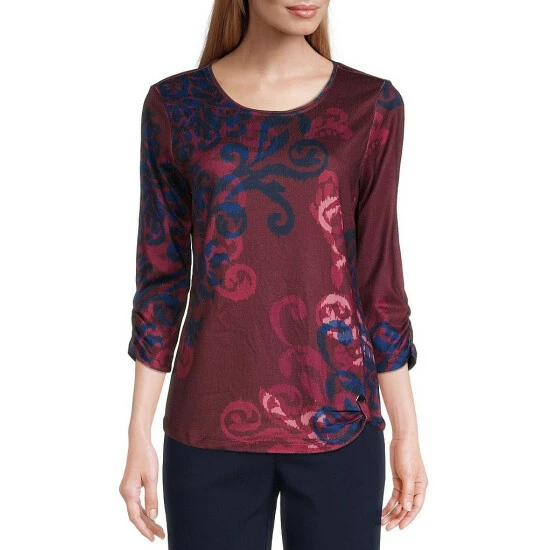 Buy π Allison Daley Petite Size Scroll Print 3/4 Sleeve Scoop Neck Knot Hem Knit Top Windsor Scroll π₯°