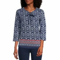 Buy ⌛ Allison Daley Printed 3/4 Sleeve Lace-Up Crew Neck Knit Top Ikat Border ⌛
