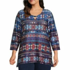 Flash Sale 😀 Allison Daley Plus Size Printed Keyhole Round Neck 3/4 Sleeve Sharkbite Hem Knit Top Indigo Bayadere ❤️