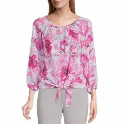Wholesale π₯° Allison Daley Petite Size 3/4 Blouson Sleeve Round Keyhole Neck Tie Front Layered Floral Print Geo Top Layered Floral Geo β¨