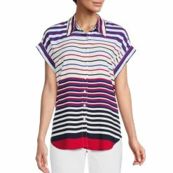 Deals 🛒 Allison Daley Petite Size Stripe Print Point Collar Rolled Short Sleeve Button Front Top Yacht Stripe 😍