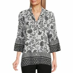 Wholesale ✨ Allison Daley Floral Print Point Collar 3/4 Bell Sleeve Button Front Top Floral Border ⭐