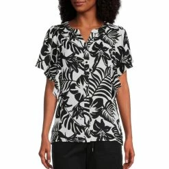 Best Sale 🔥 Allison Daley Petite Size Tropical Hibiscus Floral Print V-Neck Flutter Short Sleeve Button Front Blouse ⭐