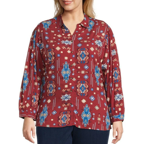 Hot Sale β Allison Daley Plus Size Printed Point Collar Long Sleeve Button Front Top Outwest π