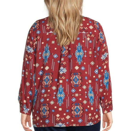 Hot Sale β Allison Daley Plus Size Printed Point Collar Long Sleeve Button Front Top Outwest π - Image 2