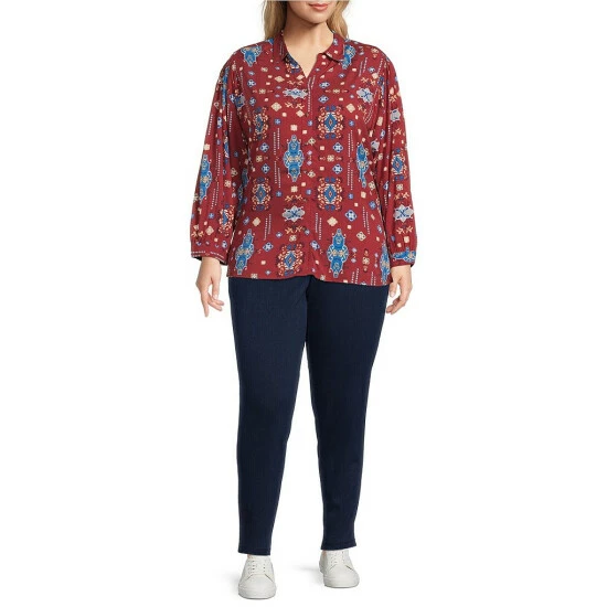 Hot Sale β Allison Daley Plus Size Printed Point Collar Long Sleeve Button Front Top Outwest π - Image 3