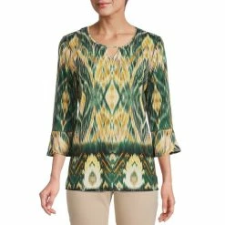 Top 10 🧨 Allison Daley Printed 3/4 Flare Sleeve Jewel Keyhole Neck Embellished Detail Knit Top Nostalgic Ikat Border 🔥