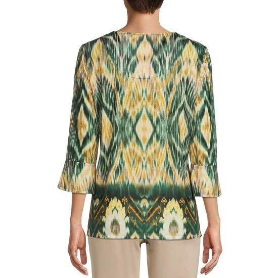 Top 10 𧨠Allison Daley Printed 3/4 Flare Sleeve Jewel Keyhole Neck Embellished Detail Knit Top Nostalgic Ikat Border π₯ - Image 2