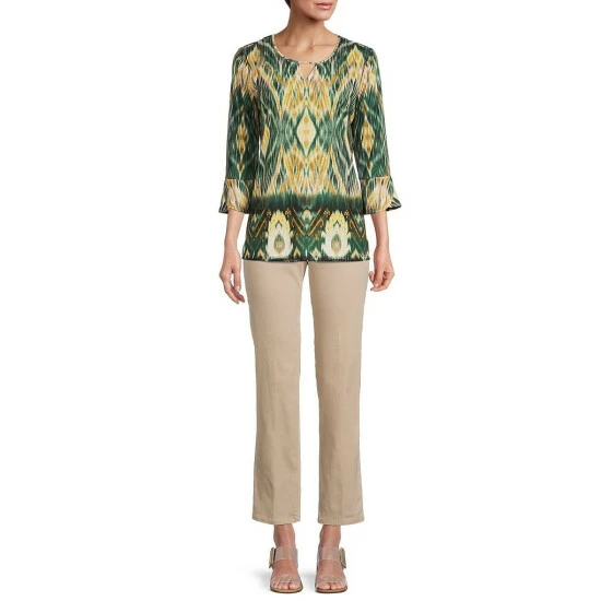 Top 10 𧨠Allison Daley Printed 3/4 Flare Sleeve Jewel Keyhole Neck Embellished Detail Knit Top Nostalgic Ikat Border π₯ - Image 3