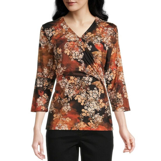 Budget β¨ Allison Daley Petite Size Floral Print 3/4 Sleeve V-Neck Faux Wrap Knit Top Falling Flowers π