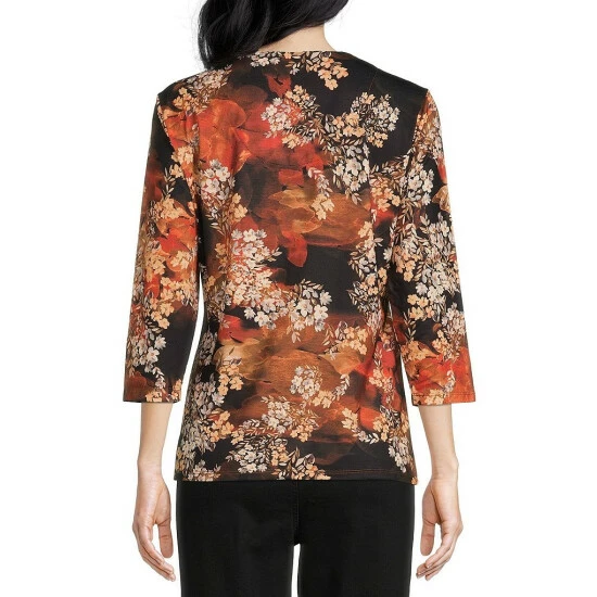Budget β¨ Allison Daley Petite Size Floral Print 3/4 Sleeve V-Neck Faux Wrap Knit Top Falling Flowers π - Image 2