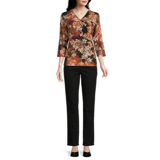 Budget β¨ Allison Daley Petite Size Floral Print 3/4 Sleeve V-Neck Faux Wrap Knit Top Falling Flowers π - Image 3